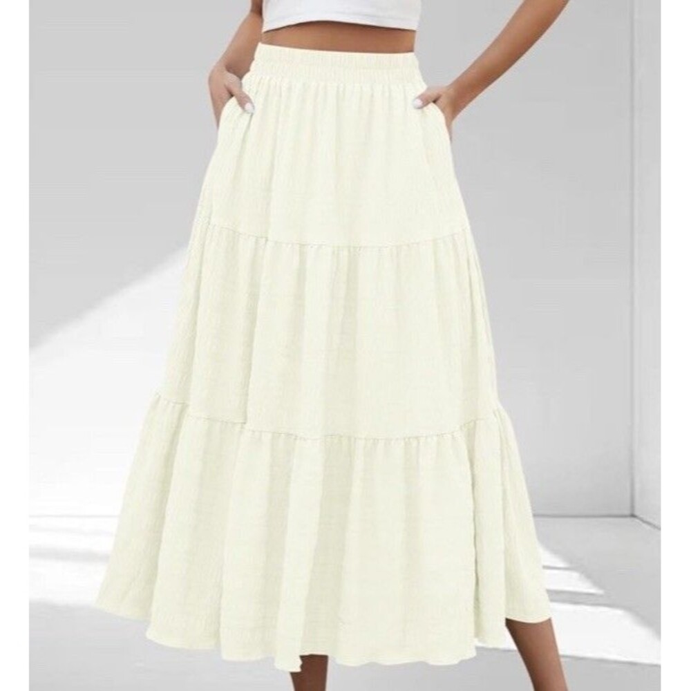 Melloday Tiered Maxi Skirt Women Beige Excellent Button Front Sz S Long Summer